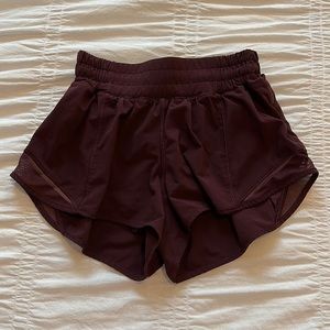 Burgundy Lululemon Hotty Hot 2.5 inch inseam shorts